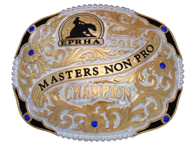 Gold and silver EPRHA 2016 Masters Non Pro Champion western trophy buckle with floral scrollwork, black enamel accents, and blue gemstone details.